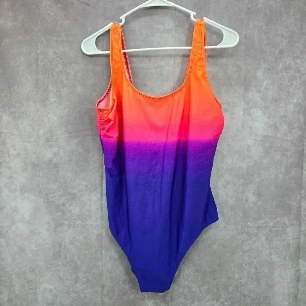 Basic Editions Orange Purple Ombre‎ Bodysuit Swimsuit Swimwear One Piece Size 16